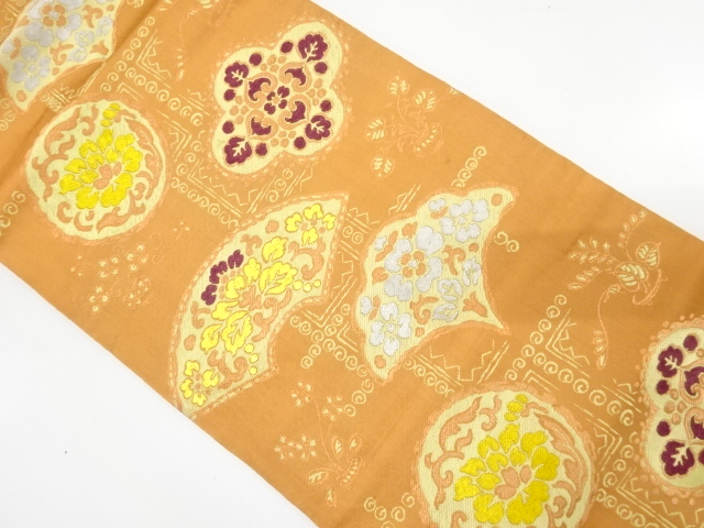 アンティーク　変わり地紙に花更紗模様織り出し名古屋帯（着用可）